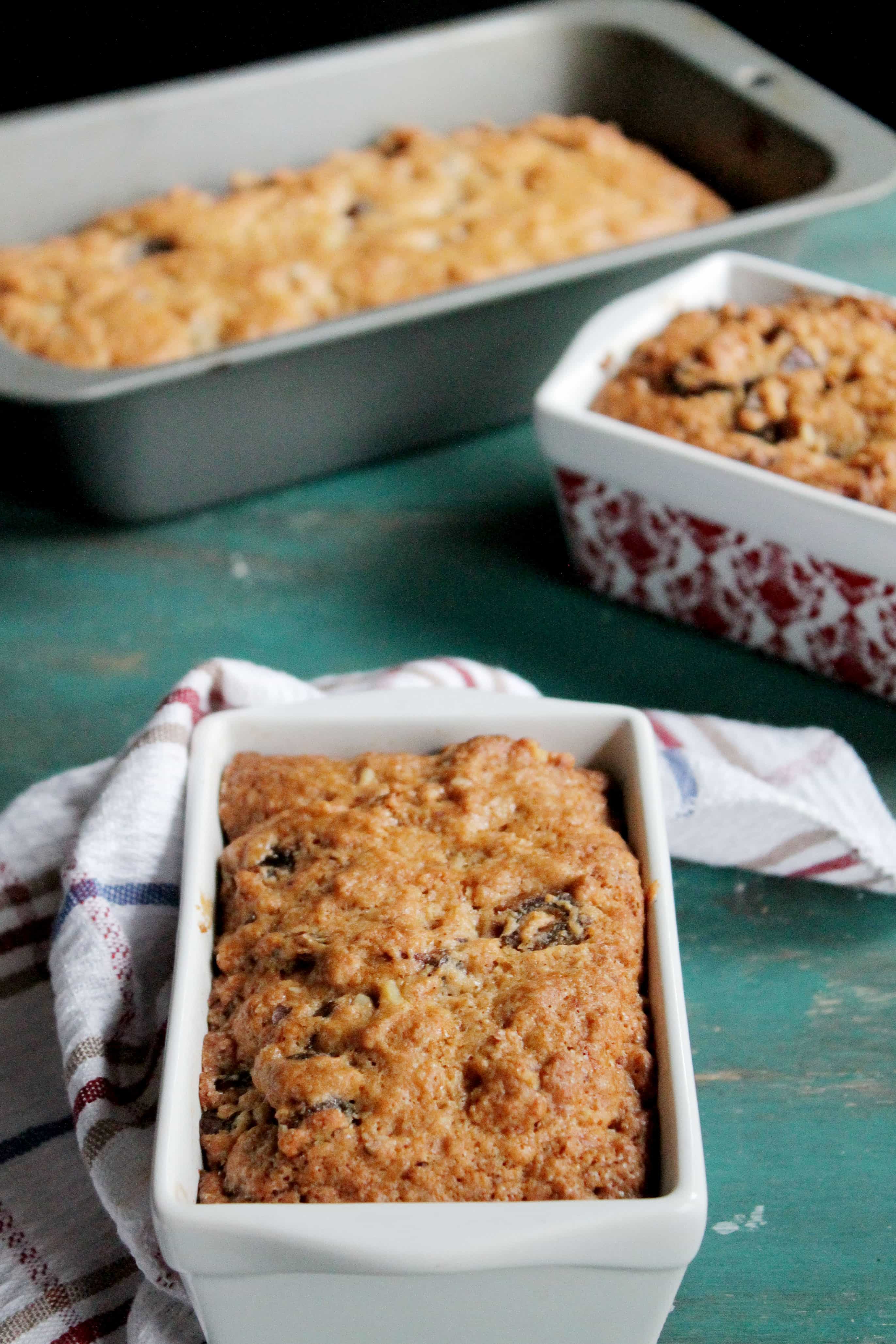 Freshly baked date nut bread with crunchy walnuts. 