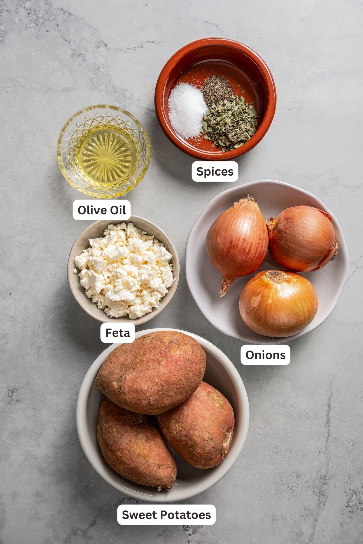 Labeled ingredients for sweet potato hash. 