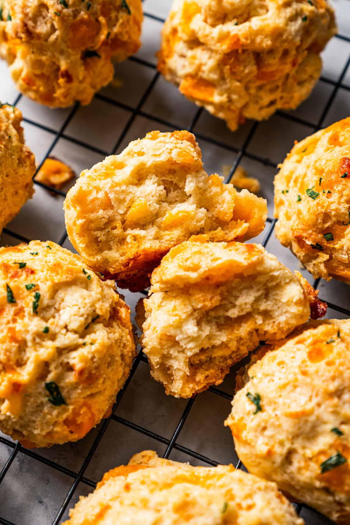 Close up of a cheddar bay biscuit broken in half, surrounded by more biscuits on a wire rack.