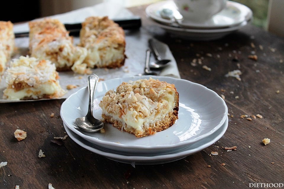 Coconut Milk Bars | www.diethood.com | Moist, extra sweet Coconut Milk Bars made with milk, shredded coconut, and a sprinkle of hazelnuts | #recipe #cookies #desserts #coconut