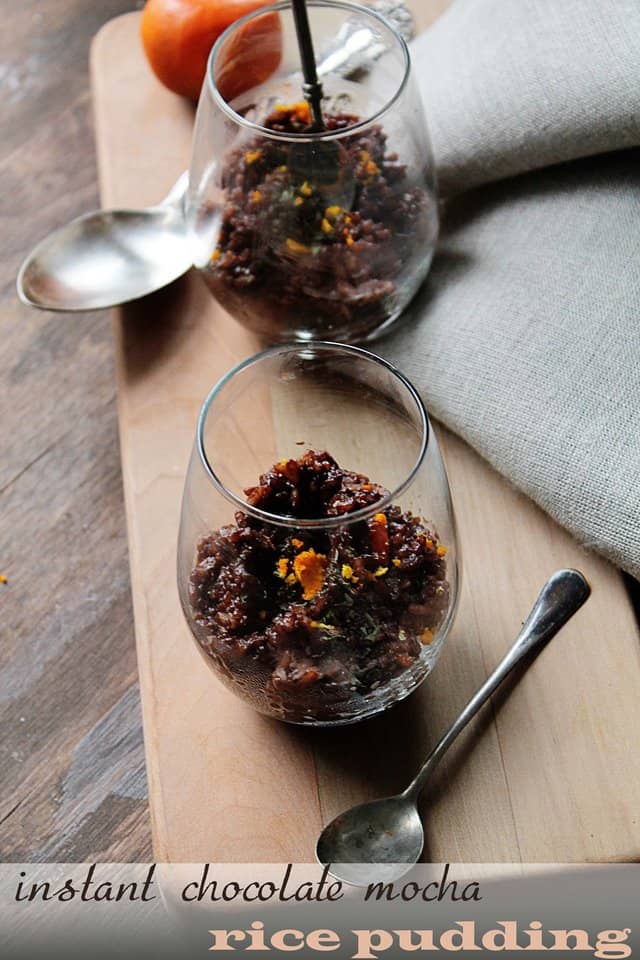 Instant mocha rice pudding in glasses with spoons.