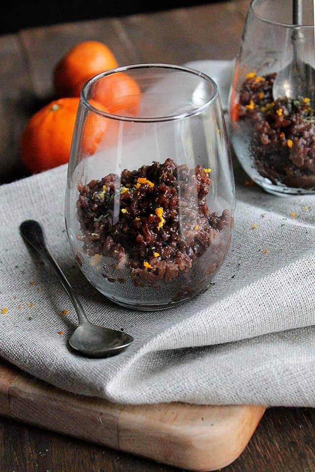 Instant Chocolate Mocha Rice Pudding served in a glass.