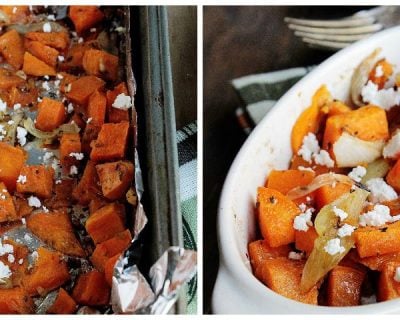 Sweet Potato Hash with Onions and Feta | www.diethood.com | Roasted sweet potatoes with onions and feta cheese | #recipe #sweetpotatoes #dinner #feta
