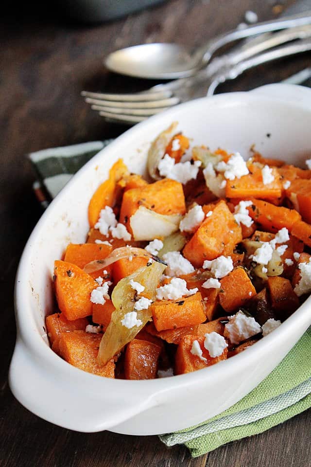 Sweet Potato Hash with Onions and Feta | www.diethood.com | Roasted sweet potatoes and onions, topped with feta cheese | #recipe #sweetpotatoes #sidedish #dinner #feta