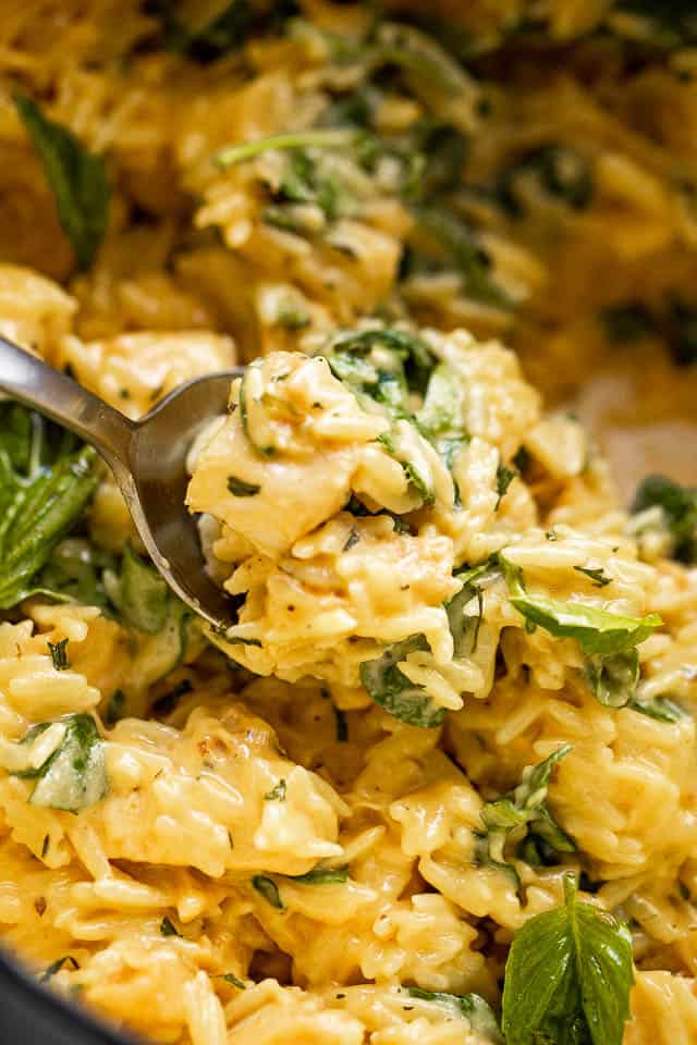 close up shot of spooning out cheesy chicken orzo