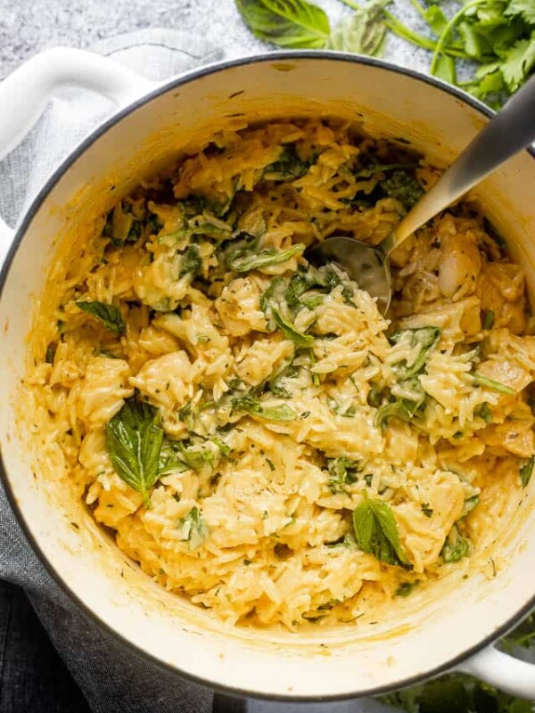 overhead shot of a white dutch oven filled with orzo pasta and chicken