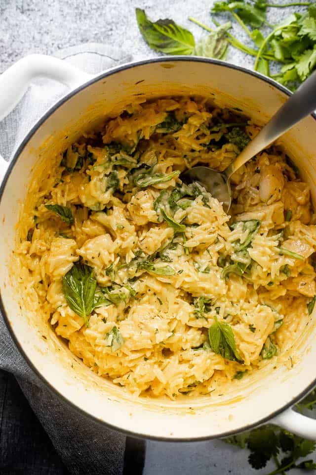 overhead shot of a white dutch oven filled with orzo pasta and chicken