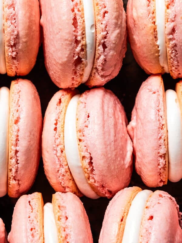 French macarons lined up in rows.