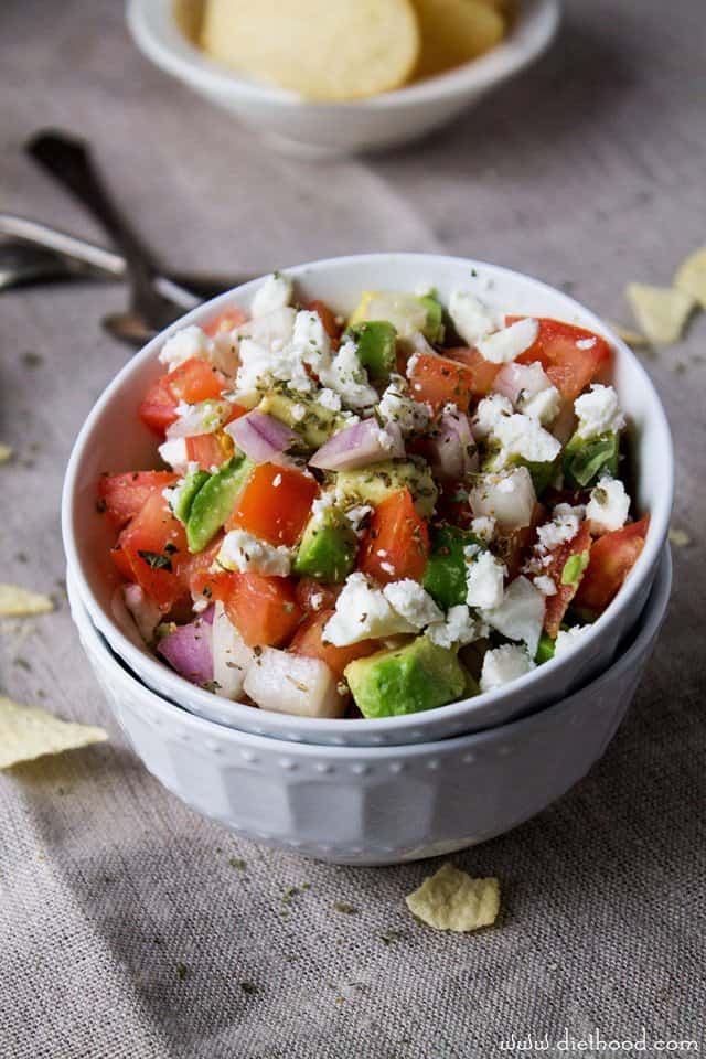 Avocado Feta Salsa | www.diethood.com | Avocados, tomatoes, and feta cheese combined to make a chunky, savory, delicious summer salsa | #recipe #avocado #feta #salsa