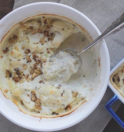 Creamy Cauliflower with Toasted Walnuts | www.diethood.com | Creamy cauliflower side dish, topped with toasted walnuts | #recipe #sidedish #dinner #cheese