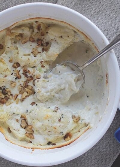 Creamy Cauliflower with Toasted Walnuts | www.diethood.com | Creamy cauliflower side dish, topped with toasted walnuts | #recipe #sidedish #dinner #cheese