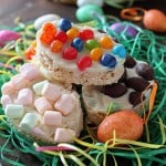 Easter Rice Crispy Treats | www.diethood.com | Easter egg-shaped Rice Cirspy Treats topped with melted white chocolate and a variety of jelly beans, marshmallows, and milk chocolates | #recipe #easter #ricekrispiestreats #foodfun