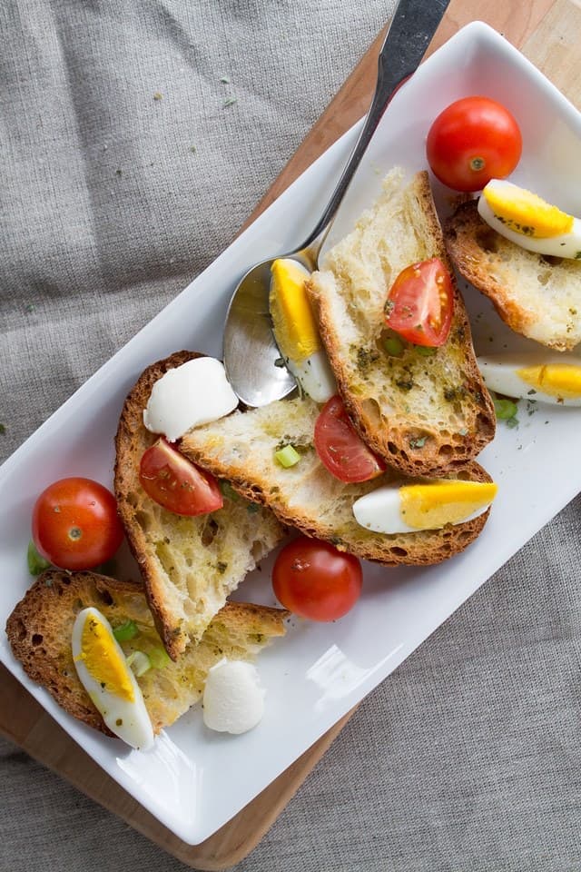 Rustic Egg Salad | www.diethood.com | Simple egg salad served atop crusty bread with tomatoes, soft cheese, and green onions | #recipe #easter #eggsalad #eggs #appetizer