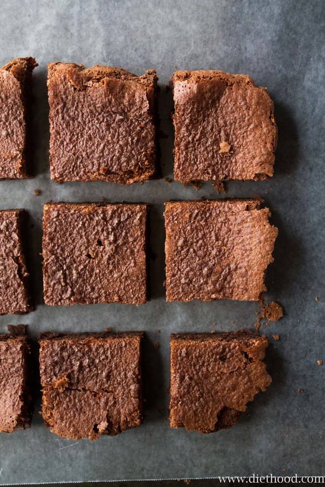 Overhead shot of brownies cut into squares.