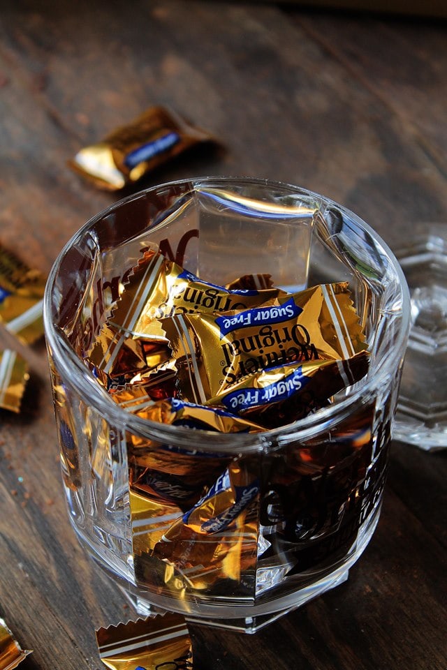 Werther's Original Sugar Free Candy in a glass candy dish