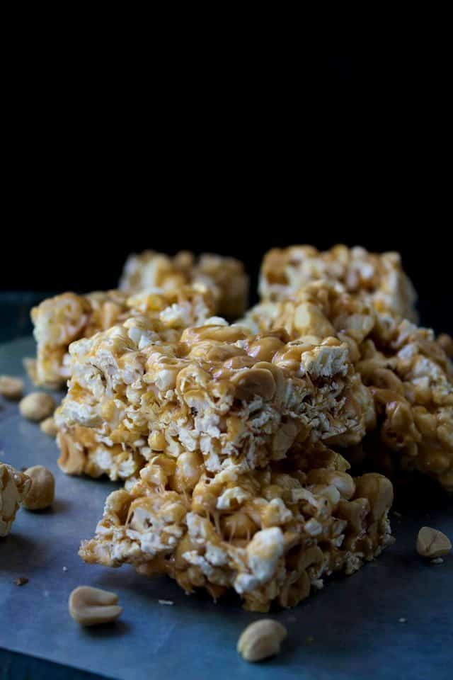Peanut Butter Marshmallow Popcorn Bars | www.diethood.com | Chewy peanut butter and marshmallow popcorn bars studded with salty, crunchy peanuts | #recipe #popcorn #NetflixKids #ad