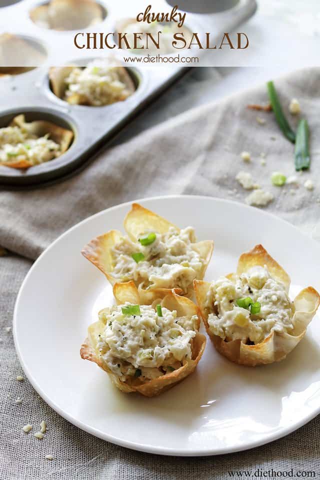 Chunky Chicken Salad Cups | www.diethood.com | A refreshing chicken salad mixed with pickles, mushrooms and sour cream | #recipe #memorialdayrecipes #salad #chicken