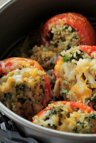Quinoa and Spinach Stuffed Tomatoes | www.diethood.com | Baked tomatoes stuffed with quinoa and spinach, and topped with cheeses | #recipe #appetizer #dinner #sidedish #tomatoes