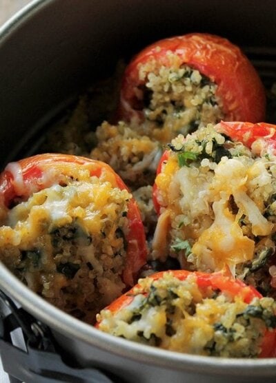 Quinoa and Spinach Stuffed Tomatoes | www.diethood.com | Baked tomatoes stuffed with quinoa and spinach, and topped with cheeses | #recipe #appetizer #dinner #sidedish #tomatoes