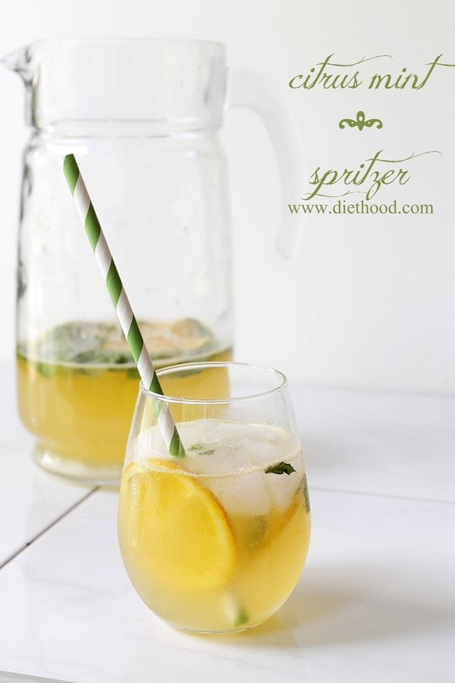 Citrus Mint Spritzer served in a glass, and a pitcher.