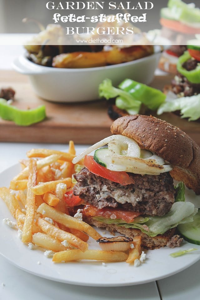 Garden Salad Feta Stuffed Burgers | www.diethood.com | #recipe #grilling #burgers