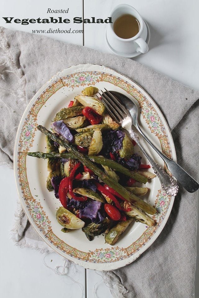Roasted Vegetable Salad | www.diethood.com | Roasted brussels sprouts, asparagus, red cabbage, peppers, and cherry tomatoes, topped with a delicious, homemade honey mustard dressing | #salad #vegetables #summer 