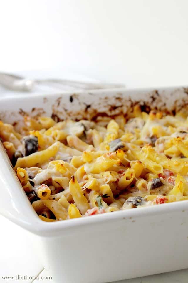 Baked Eggplant Penne Pasta in a white baking dish