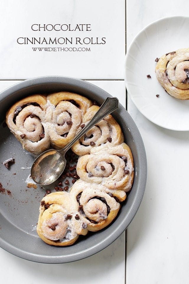 Chocolate Cinnamon Rolls in a cake pan.