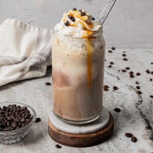 Landscape photo of eiskaffee with whipped cream and caramel.