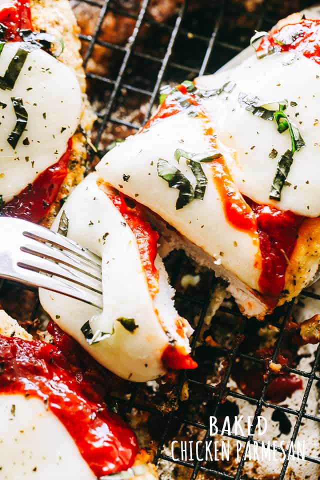 Baked chicken parmesan with mozzarella and marinara sauce.