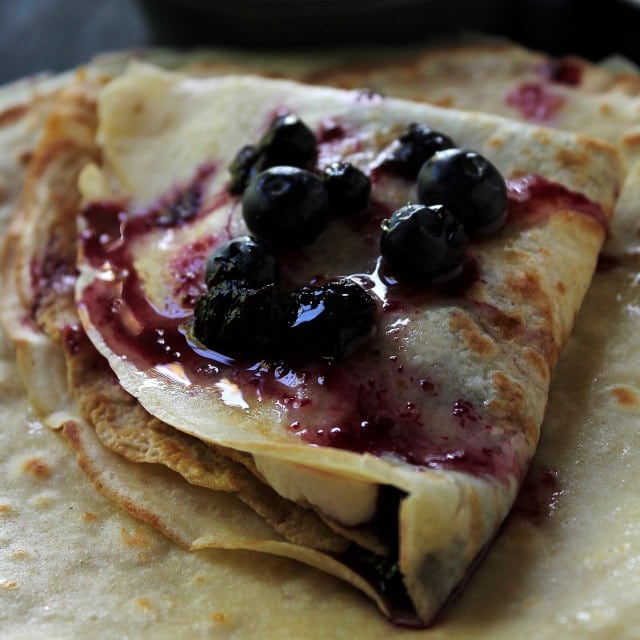 Blueberry Sauce Crepes with Honey Whipped Cream | www.diethood.com | Soft and silky Crepes filled with a sweet Honey Whipped Cream and topped with a warm Blueberry Sauce. | #recipe #breakfast #crepes #blueberries