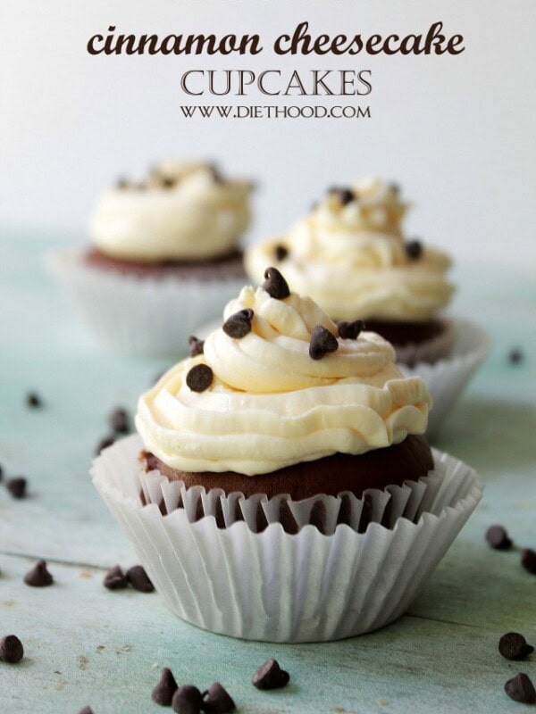 Chocolate Cinnamon Cheesecake Cupcakes | www.diethood.com | Delicious, homemade chocolate cupcakes filled and topped with an incredible cinnamon cheesecake frosting! | #recipe #cupcakes #chocolate