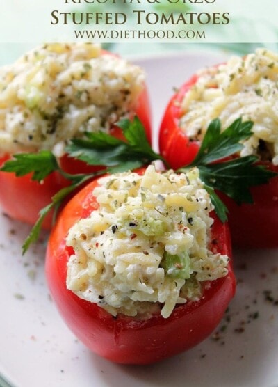 Ricotta and Orzo Stuffed Tomatoes | www.diethood.com | Garden fresh tomatoes stuffed with a mixture of orzo and ricotta cheese. | #recipe #appetizer #dinner #pasta #vegetarian
