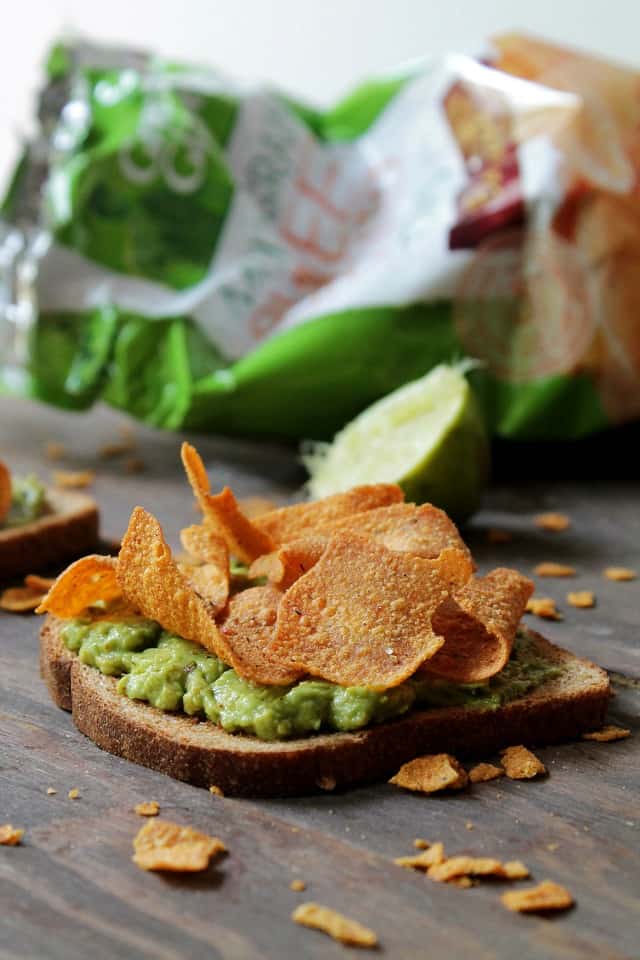 Smashed Avocado Toast with Sweet Potato Chips | www.diethood.com | Seasoned mashed avocado served on a whole grain toast and topped with Green Giant™ Multigrain Barbecue Sweet Potato Chips | #GiantFlavor