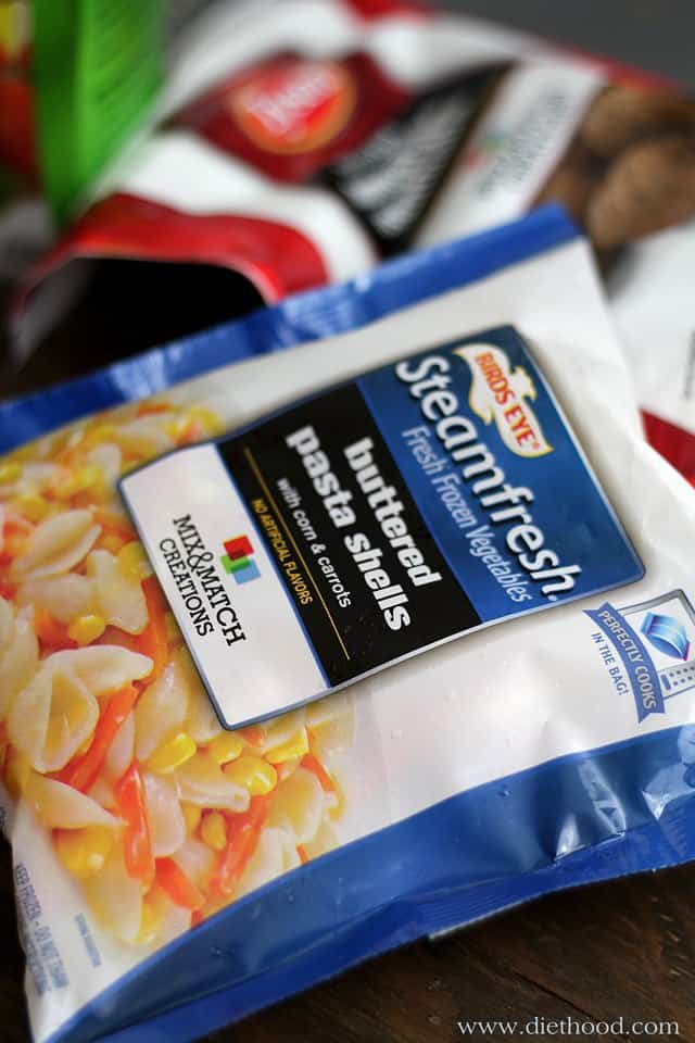 A bag of Mix & Match Creations frozen buttered pasta shells