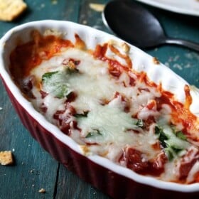 Pepperoni Pizza Dip | www.diethood.com | Warm, cheesy and gooey Pepperoni Pizza Dip made of cream cheese and herbs, topped with tomato sauce, chopped pepperoni and cheese. | #recipe #gamedayfood #appetizers