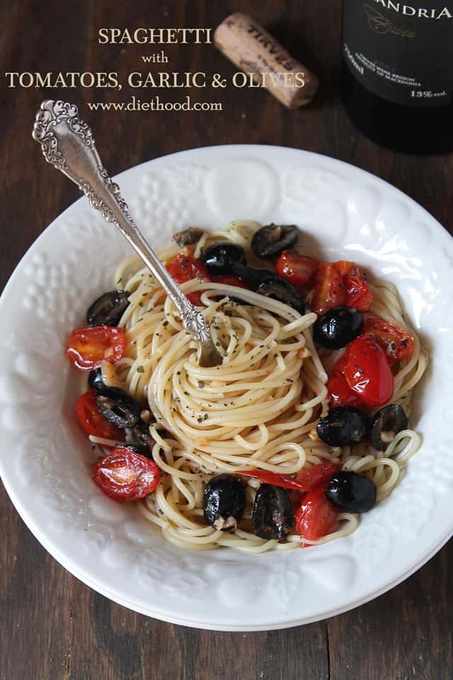 Pasta with Tomatoes, Olives and Garlic | www.diethood.com | A delicious pasta dish made with spaghetti tossed in a buttery garlic sauce with tomatoes and black olives. | #dinner #pasta #spaghetti