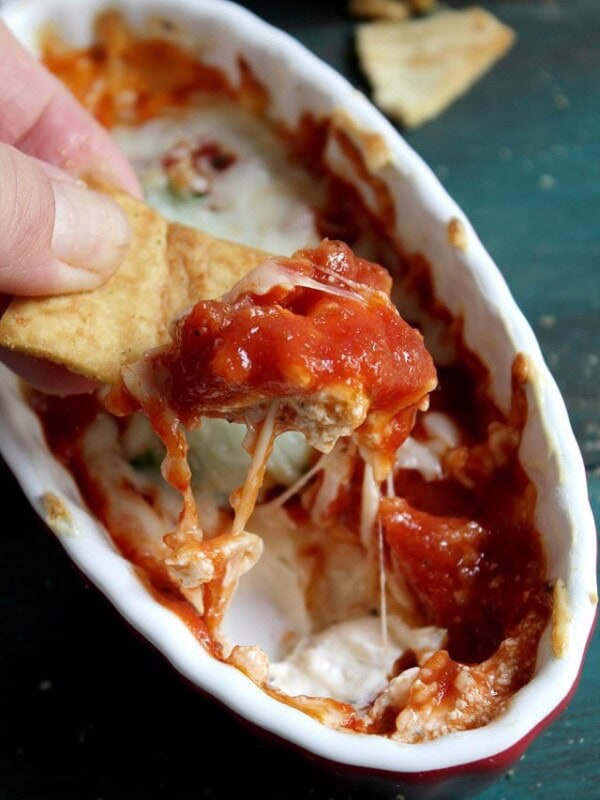 Pepperoni Pizza Dip | www.diethood.com | Warm, cheesy and gooey Pepperoni Pizza Dip made of cream cheese and herbs, topped with tomato sauce, chopped pepperoni and cheese. | #recipe #gamedayfood #appetizers