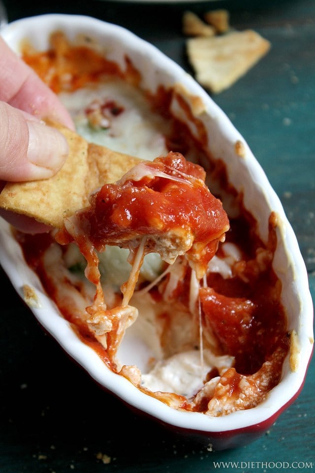 Pepperoni Pizza Dip | www.diethood.com | Warm, cheesy and gooey Pepperoni Pizza Dip made of cream cheese and herbs, topped with tomato sauce, chopped pepperoni and cheese. | #recipe #gamedayfood #appetizers