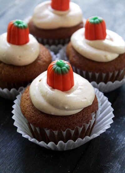 Pumpkin Cupcakes with Maple Frosting | www.diethood.com | Moist, spicy and sweet Pumpkin Cupcakes topped with a delectable Maple Cream Cheese Frosting. | #recipe #pumpkin #cupcakes #OXOGoodCupcake