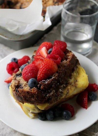 Banana Bread Stuffed French Toast | www.diethood.com | Banana Bread filled with a sweet ricotta mixture and baked in a deliciously rich custard. | #recipe #frenchtoast #breakfast