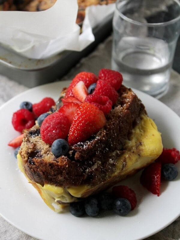 Banana Bread Stuffed French Toast topped with fresh berries