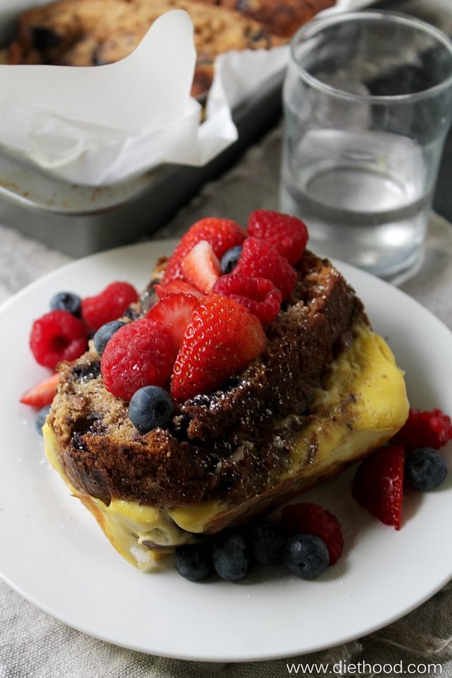 Banana Bread Stuffed French Toast topped with fresh berries