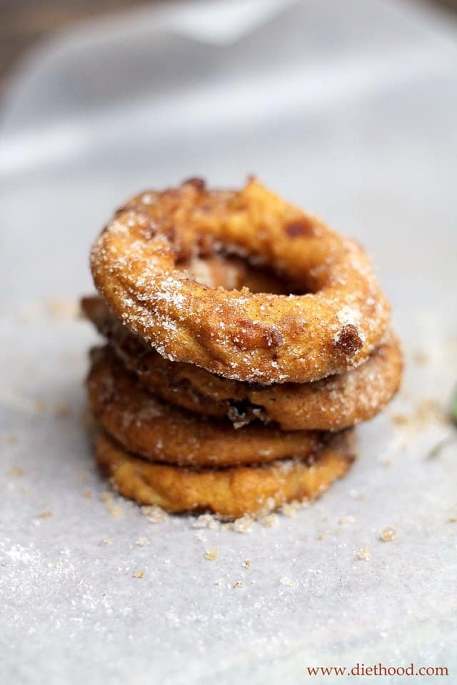 Apple Rings | www.diethood.com | A quick and delicious snack of sliced apple rings dipped in a yogurt batter, fried, and topped with cinnamon-sugar. | #apples #dessert #snacks #recipe