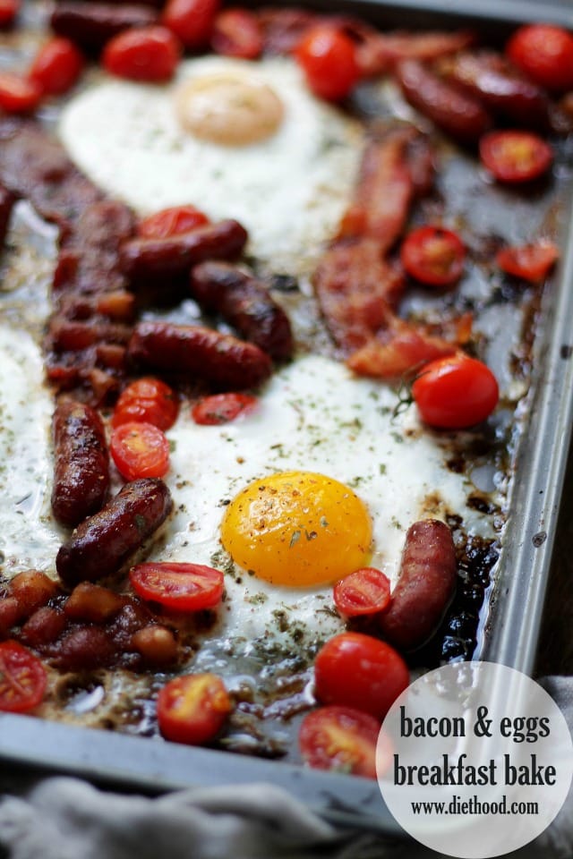 Bacon and Eggs Breakfast Bake on a sheet pan.