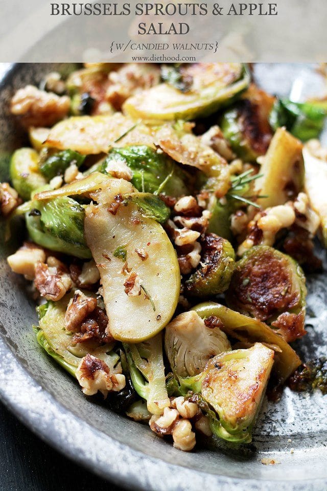 Brussels Sprouts Salad with Apples and Candied Walnuts | www.diethood.com