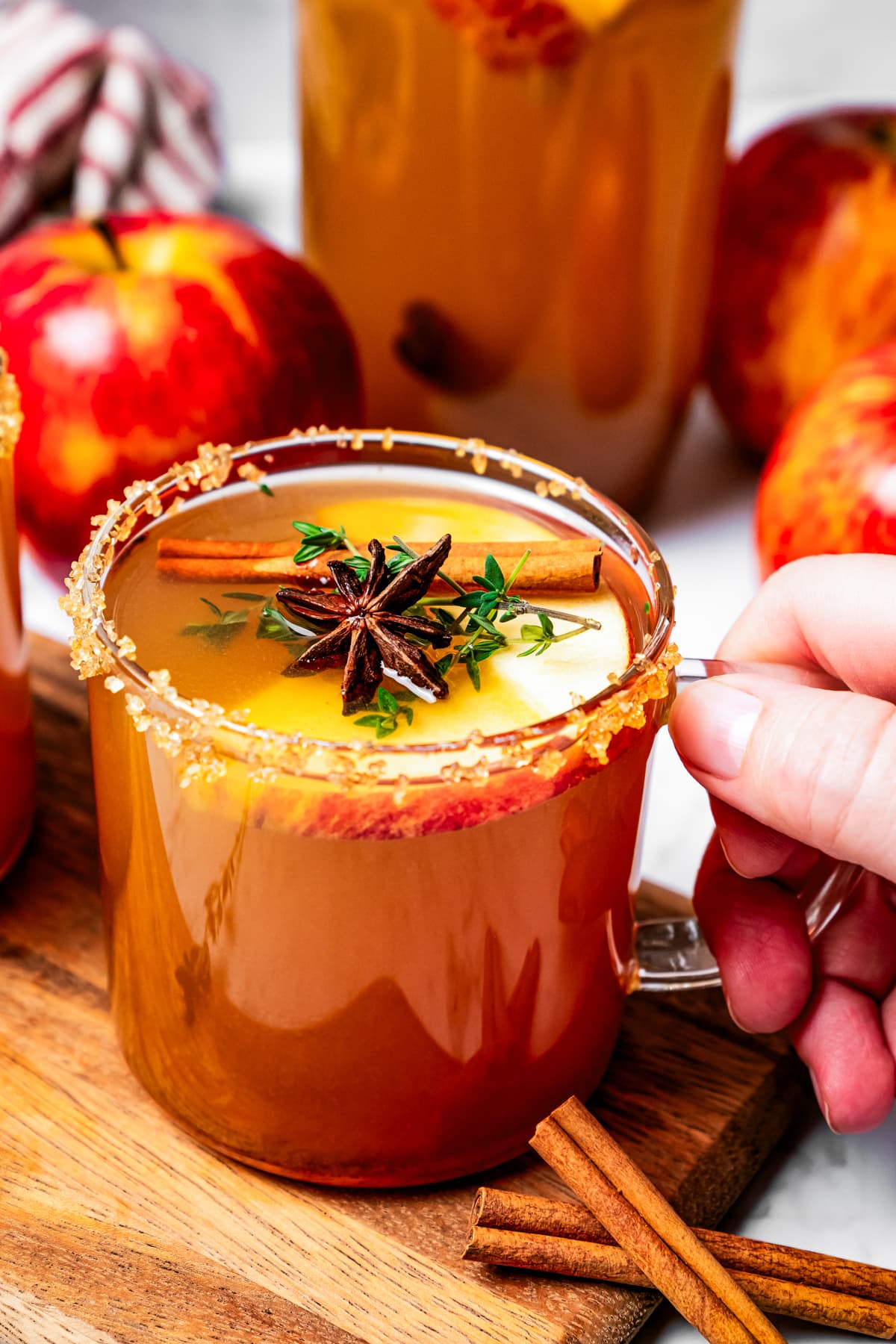 A hand holding a glass mug filled with spiked apple cider garnished with apple slices, thyme, anise, and a cinnamon stick.