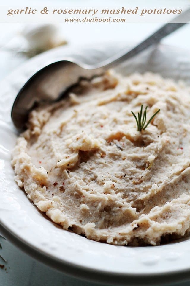 Garlic and Rosemary Mashed Potatoes served in a white bowl