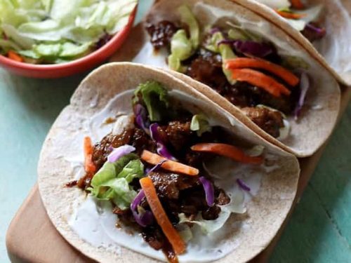 Sweet Korean Bbq Beef Tacos Recipe Www Diethood Com