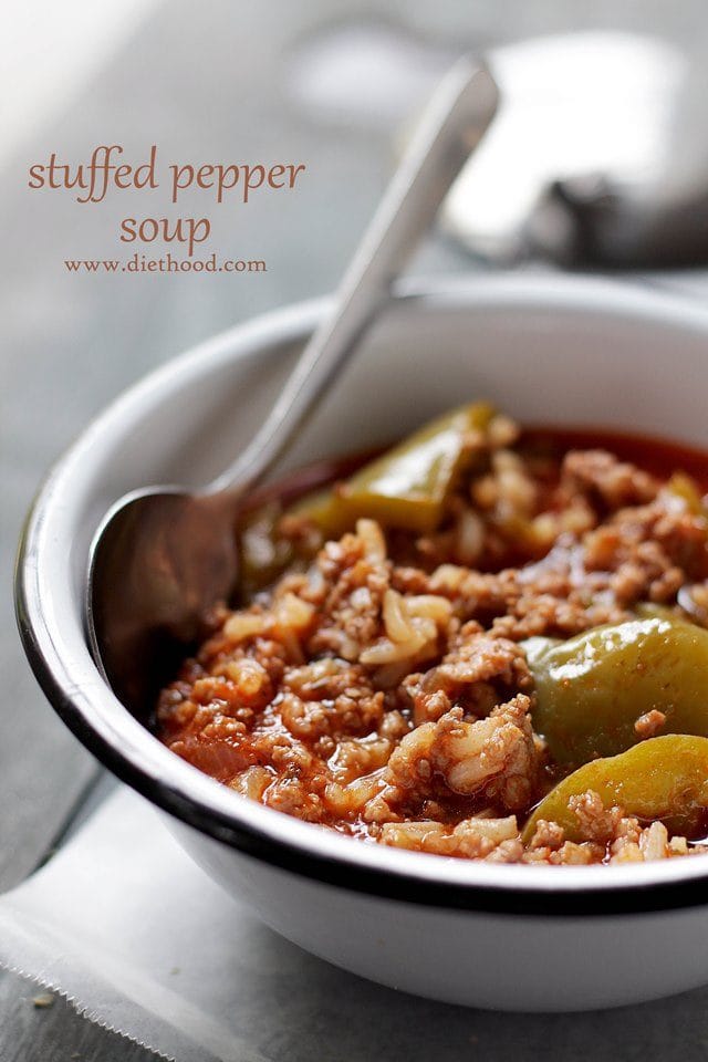 Stuffed Pepper Soup in a bowl with a spoon.